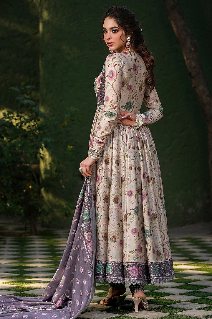 Ivory Silk Chanderi Printed & Embroidered Wedding Anarkali Set by Niti Bothra at Pernia's Pop Up Shop