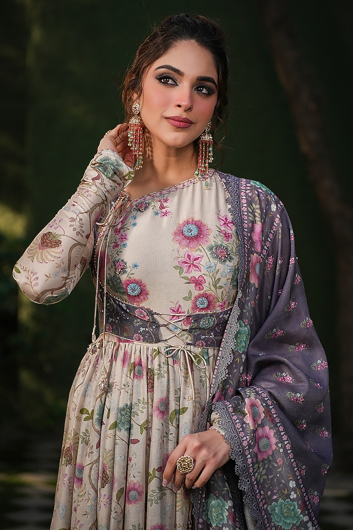 Ivory Silk Chanderi Printed & Embroidered Wedding Anarkali Set by Niti Bothra at Pernia's Pop Up Shop