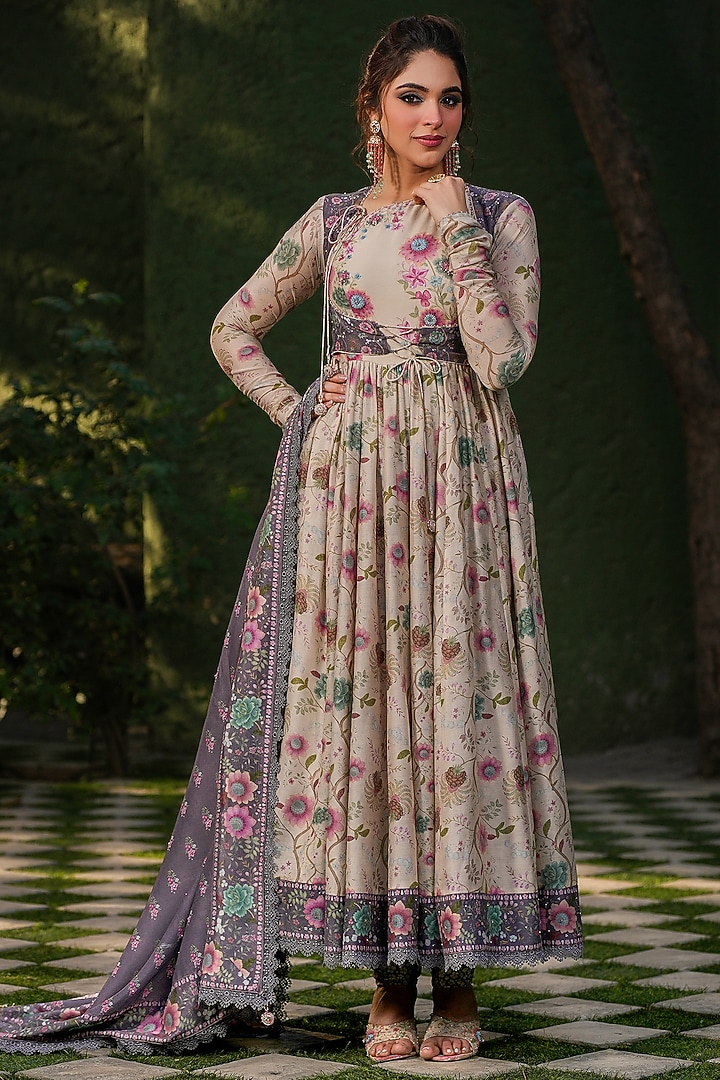 Ivory Silk Chanderi Printed & Embroidered Wedding Anarkali Set by Niti Bothra at Pernia's Pop Up Shop