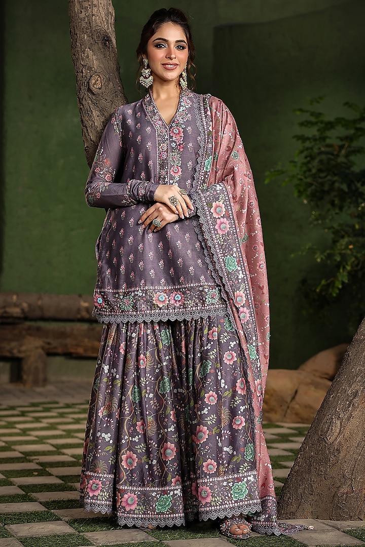 Purple Silk Chanderi Printed & Embroidered Sharara Set by Niti Bothra at Pernia's Pop Up Shop