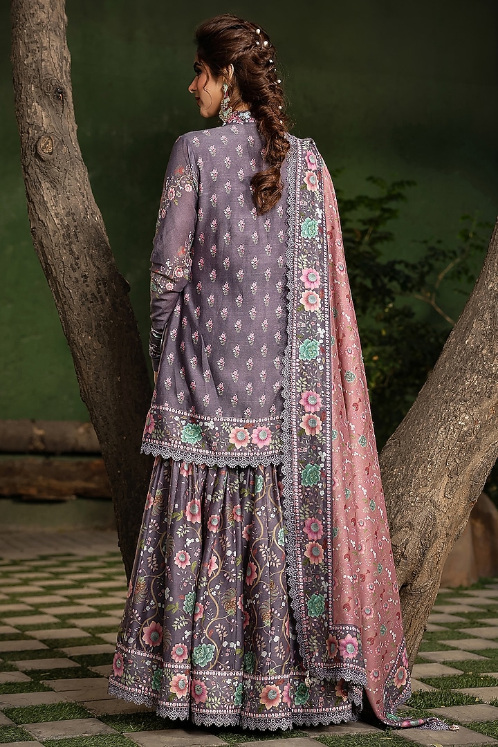 Purple Silk Chanderi Printed & Embroidered Wedding Sharara Set by Niti Bothra at Pernia's Pop Up Shop