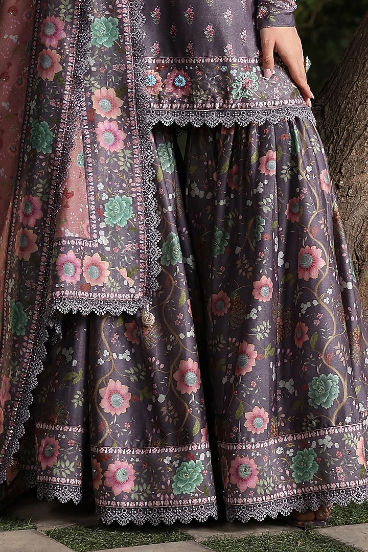 Purple Silk Chanderi Printed & Embroidered Wedding Sharara Set by Niti Bothra at Pernia's Pop Up Shop