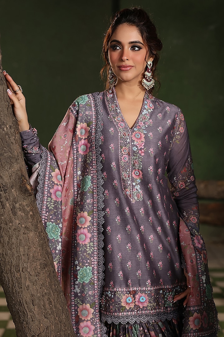Purple Silk Chanderi Printed & Embroidered Wedding Sharara Set by Niti Bothra at Pernia's Pop Up Shop