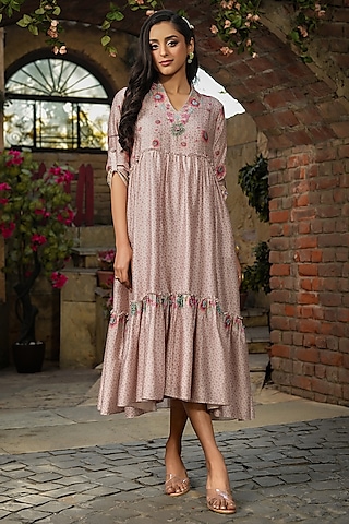 Ivory Silk Chanderi Embroidered Midi Dress by Niti Bothra