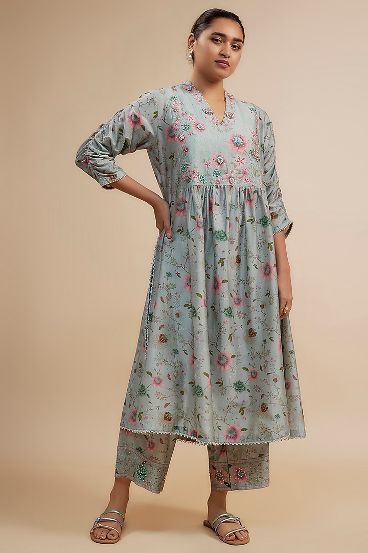 Blue Silk Chanderi Beads Embroidered & Floral Printed Kurta Set by Niti Bothra at Pernia's Pop Up Shop