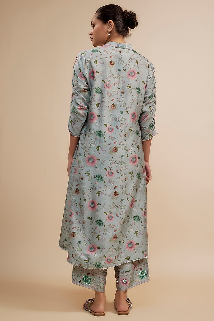Blue Silk Chanderi Beads Embroidered & Floral Printed Kurta Set by Niti Bothra at Pernia's Pop Up Shop