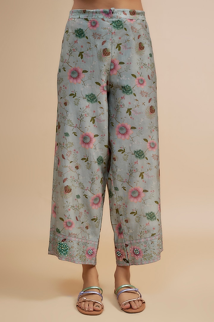 Blue Silk Chanderi Beads Embroidered & Floral Printed Kurta Set by Niti Bothra at Pernia's Pop Up Shop