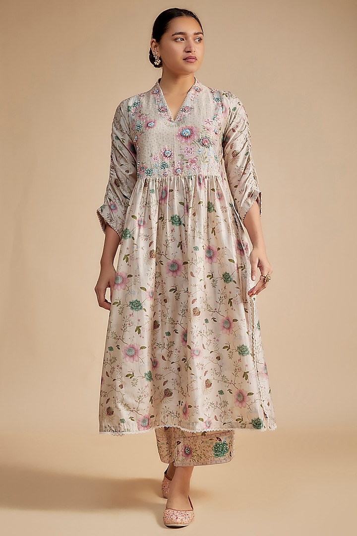 Ivory Silk Chanderi Beads Embroidered & Floral Printed Kurta Set by Niti Bothra at Pernia's Pop Up Shop