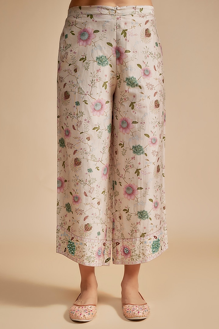 Ivory Silk Chanderi Beads Embroidered & Floral Printed Kurta Set by Niti Bothra at Pernia's Pop Up Shop