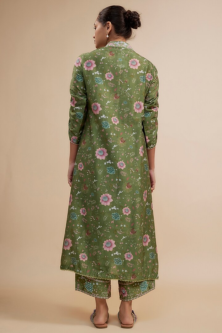 Green Silk Chanderi Beads Embroidered & Floral Printed Kurta Set by Niti Bothra at Pernia's Pop Up Shop