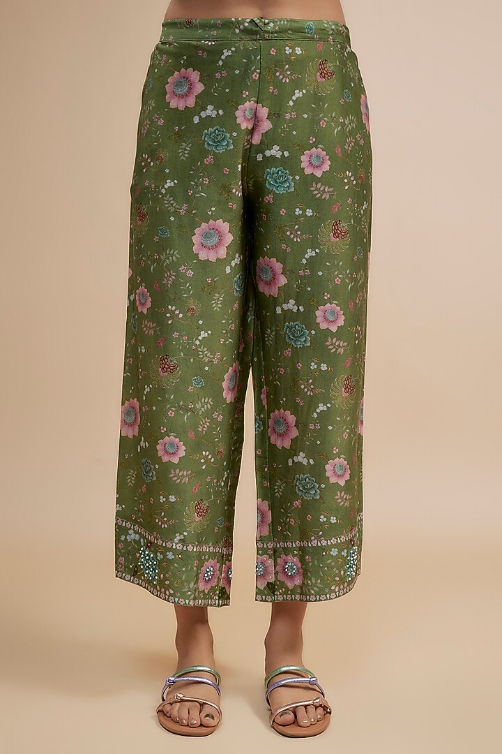 Green Silk Chanderi Beads Embroidered & Floral Printed Kurta Set by Niti Bothra at Pernia's Pop Up Shop