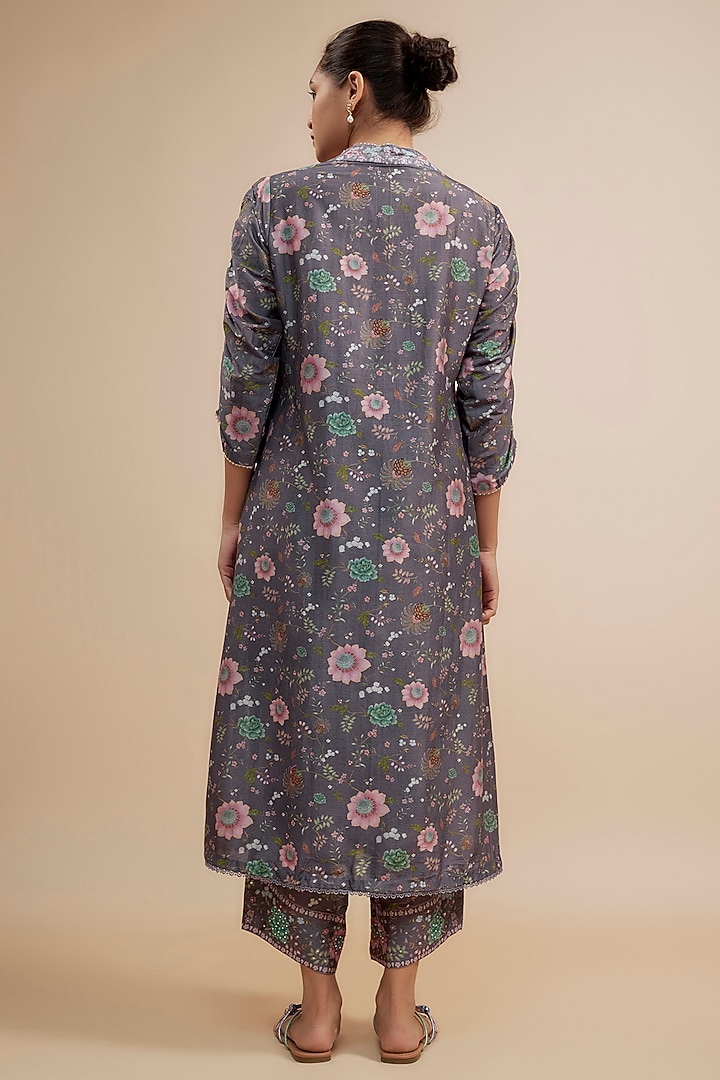 Purple Silk Chanderi Beads Embroidered & Floral Printed Kurta Set by Niti Bothra at Pernia's Pop Up Shop