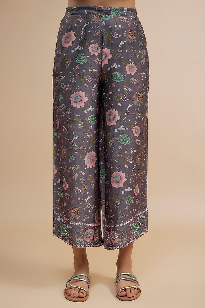 Purple Silk Chanderi Beads Embroidered & Floral Printed Kurta Set by Niti Bothra at Pernia's Pop Up Shop
