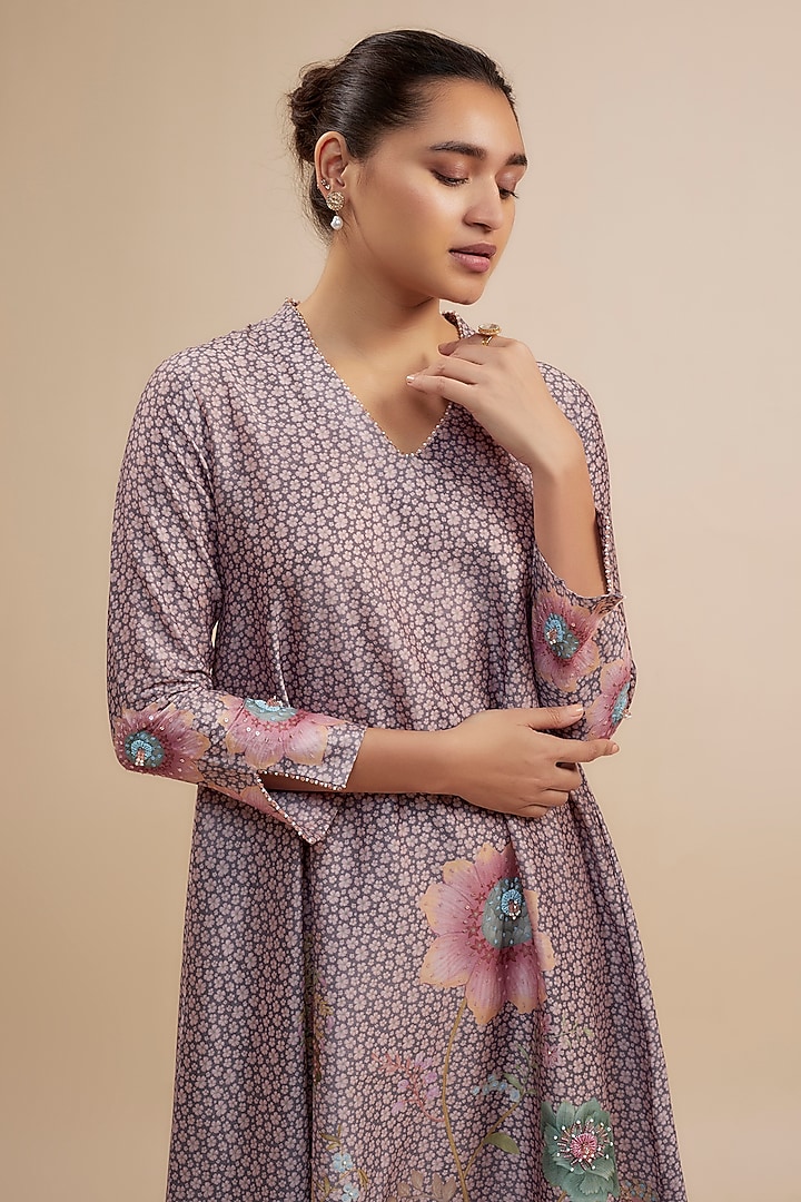 Purple Silk Chanderi Beads Embroidered & Floral Printed Kurta Set by Niti Bothra at Pernia's Pop Up Shop