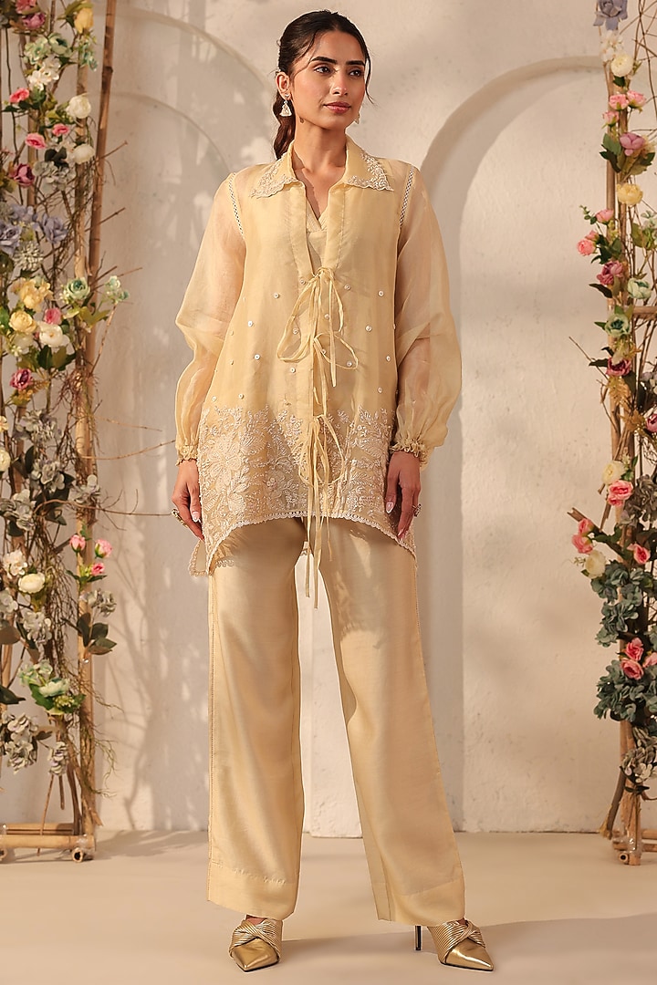 Beige Organza Applique Embroidered Co-Ord Set by Niti Bothra at Pernia's Pop Up Shop