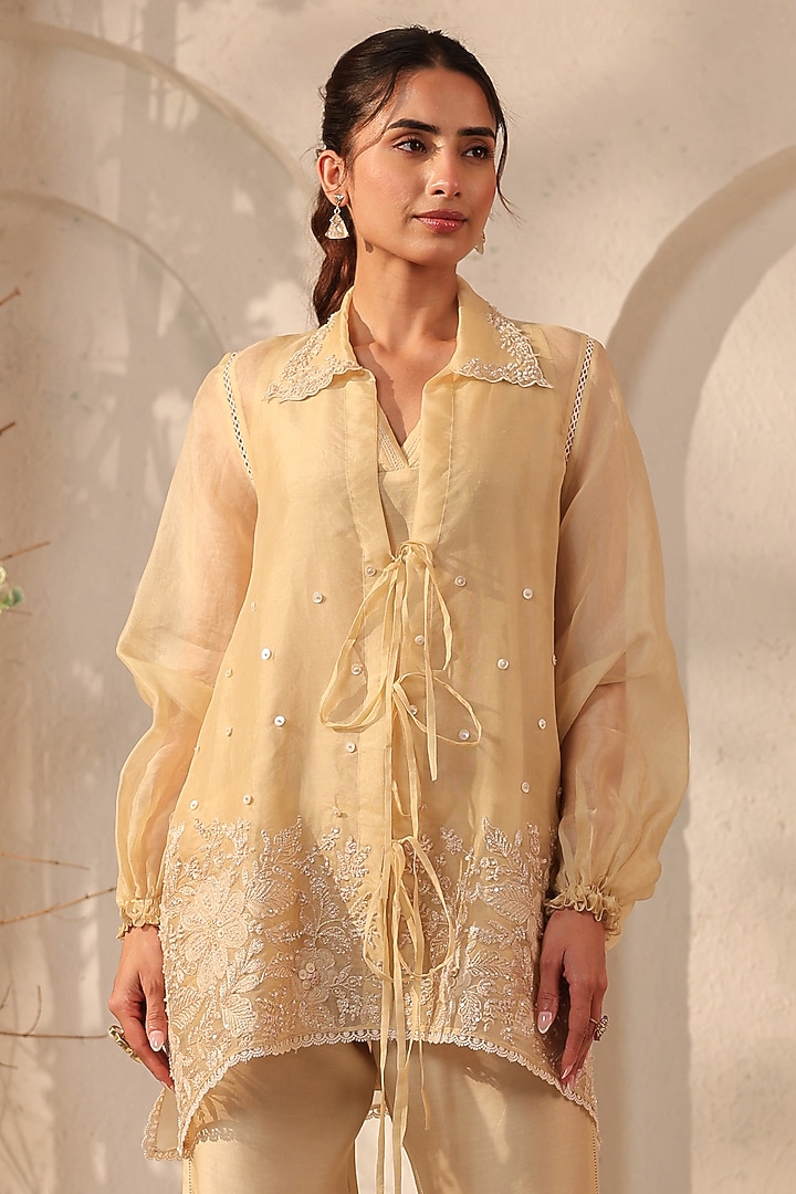 Beige Organza Applique Embroidered Co-Ord Set by Niti Bothra at Pernia's Pop Up Shop
