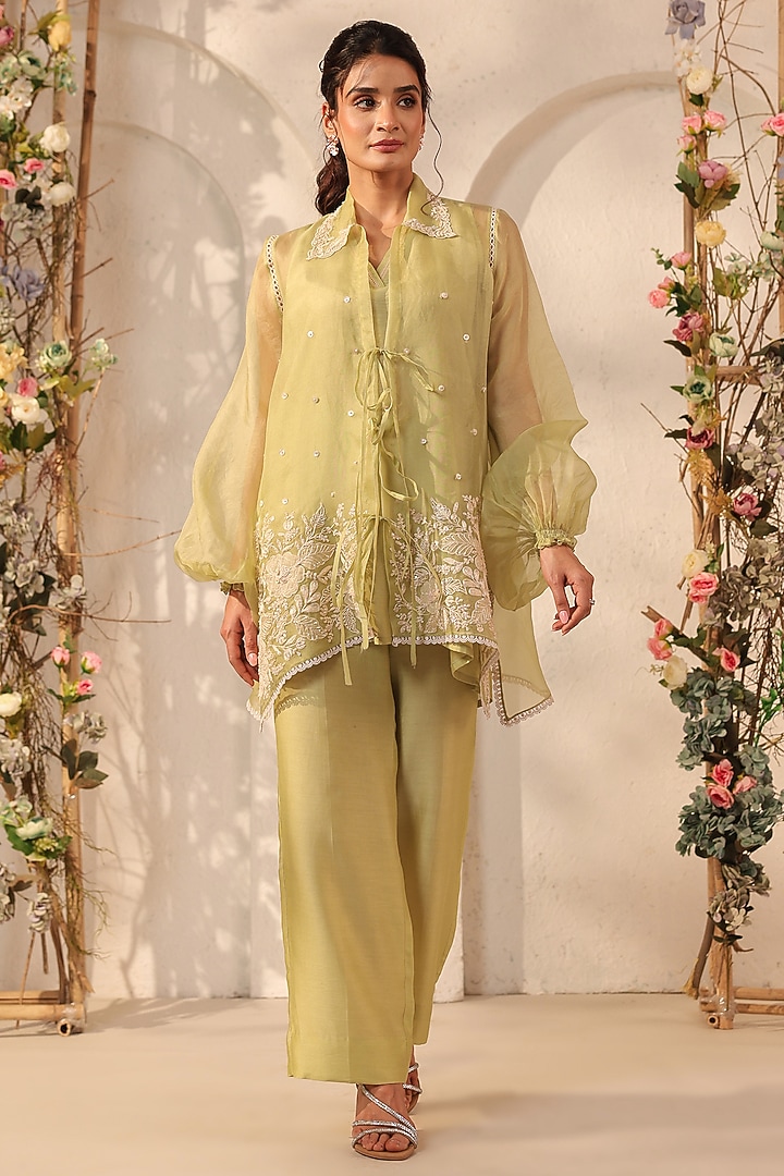 Green Organza & Silk Tencel Co-Ord Set by Niti Bothra at Pernia's Pop Up Shop