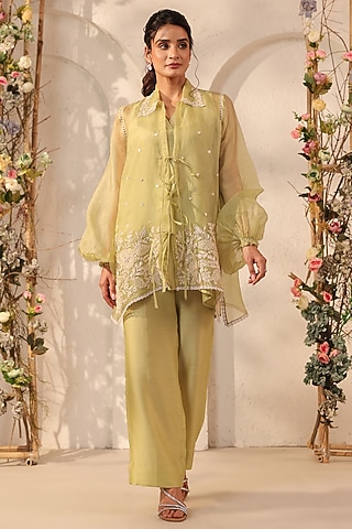 Green Organza & Silk Tencel Co-Ord Set by Niti Bothra