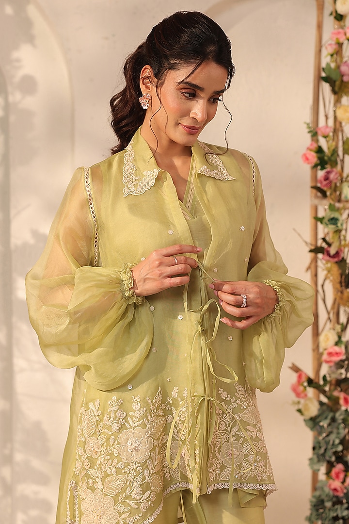 Green Organza & Silk Tencel Co-Ord Set by Niti Bothra at Pernia's Pop Up Shop
