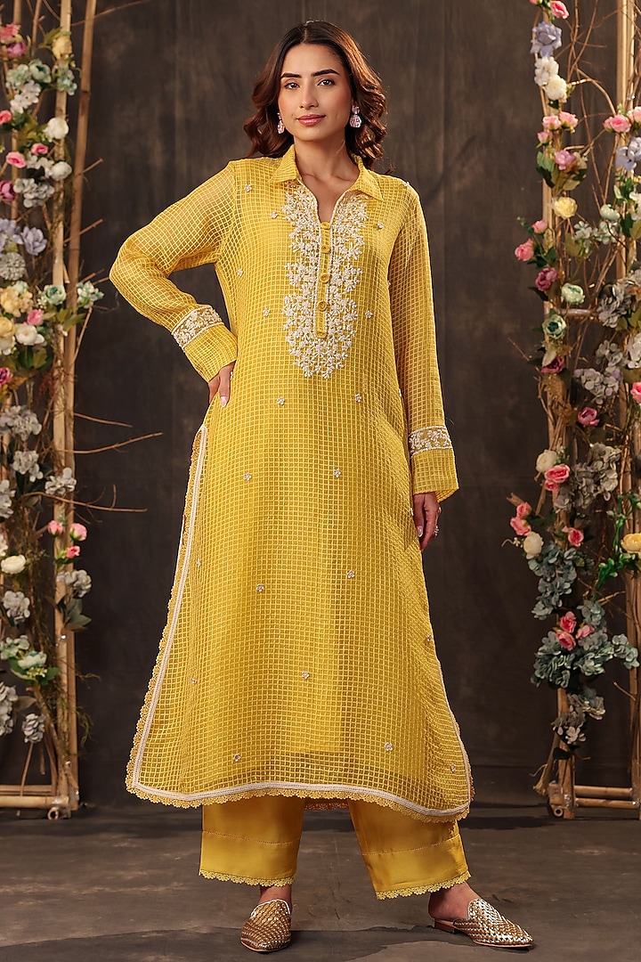 Yellow Silk Chanderi Resham & Pearl Embroidered Kurta Set by Niti Bothra at Pernia's Pop Up Shop