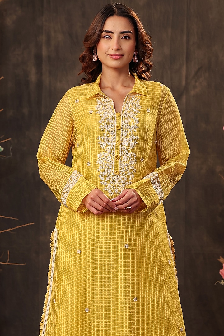 Yellow Silk Chanderi Resham & Pearl Embroidered Kurta Set by Niti Bothra at Pernia's Pop Up Shop