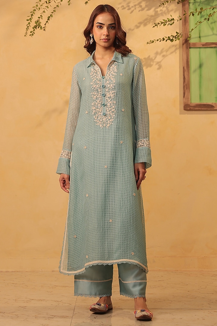 Light Blue Silk Chanderi Resham & Pearl Embroidered Kurta Set by Niti Bothra at Pernia's Pop Up Shop