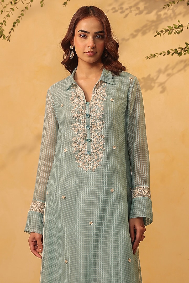 Light Blue Silk Chanderi Resham & Pearl Embroidered Kurta Set by Niti Bothra at Pernia's Pop Up Shop