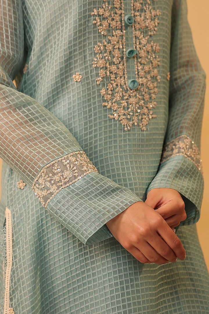 Light Blue Silk Chanderi Resham & Pearl Embroidered Kurta Set by Niti Bothra at Pernia's Pop Up Shop