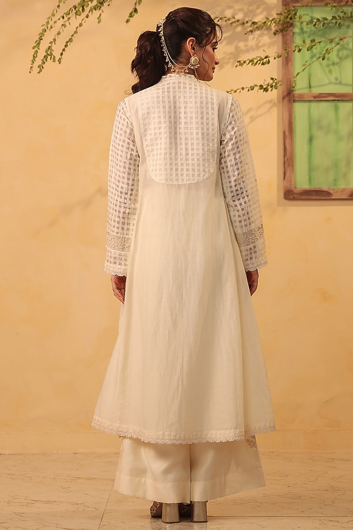 Ivory Silk Chanderi Pearl Embroidered Kalidar Kurta Set by Niti Bothra at Pernia's Pop Up Shop