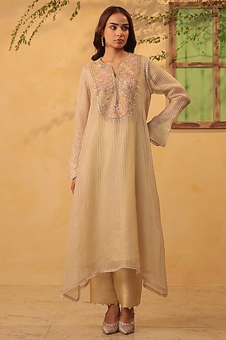 Beige Silk Chanderi Resham & Pearl Embroidered Kurta Set by Niti Bothra