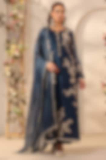 Dark Blue Silk Tencel Resham & Applique Embroidered Kurta Set by Niti Bothra at Pernia's Pop Up Shop