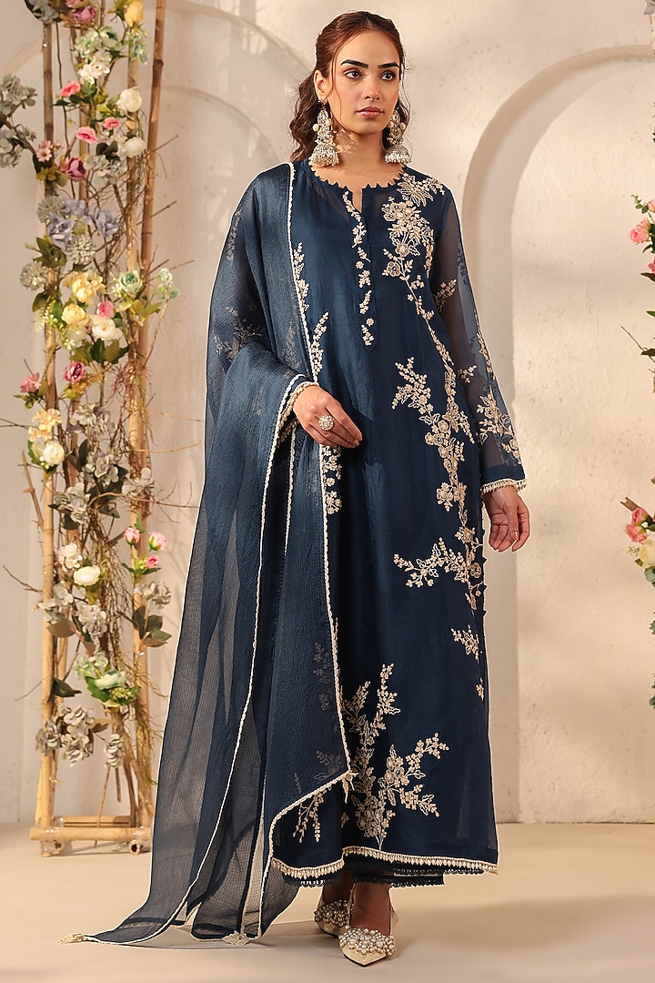 Dark Blue Silk Tencel Resham & Applique Embroidered Kurta Set by Niti Bothra at Pernia's Pop Up Shop