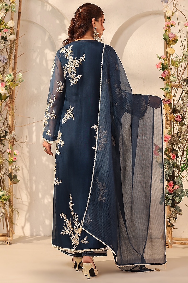 Dark Blue Silk Tencel Resham & Applique Embroidered Kurta Set by Niti Bothra at Pernia's Pop Up Shop