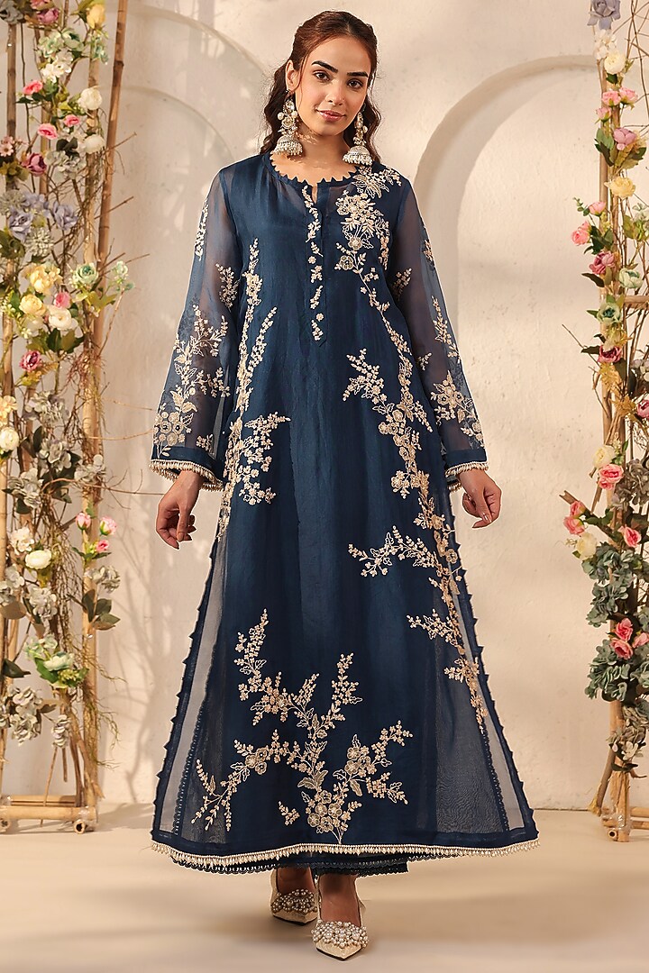 Dark Blue Silk Tencel Resham & Applique Embroidered Kurta Set by Niti Bothra at Pernia's Pop Up Shop