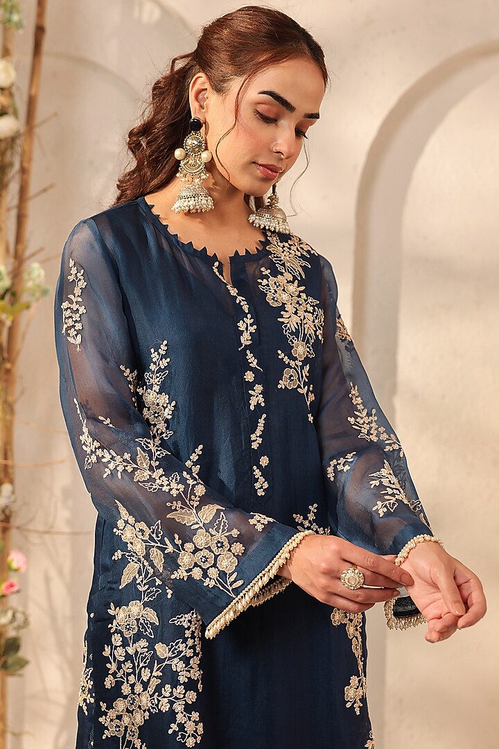 Dark Blue Silk Tencel Resham & Applique Embroidered Kurta Set by Niti Bothra at Pernia's Pop Up Shop