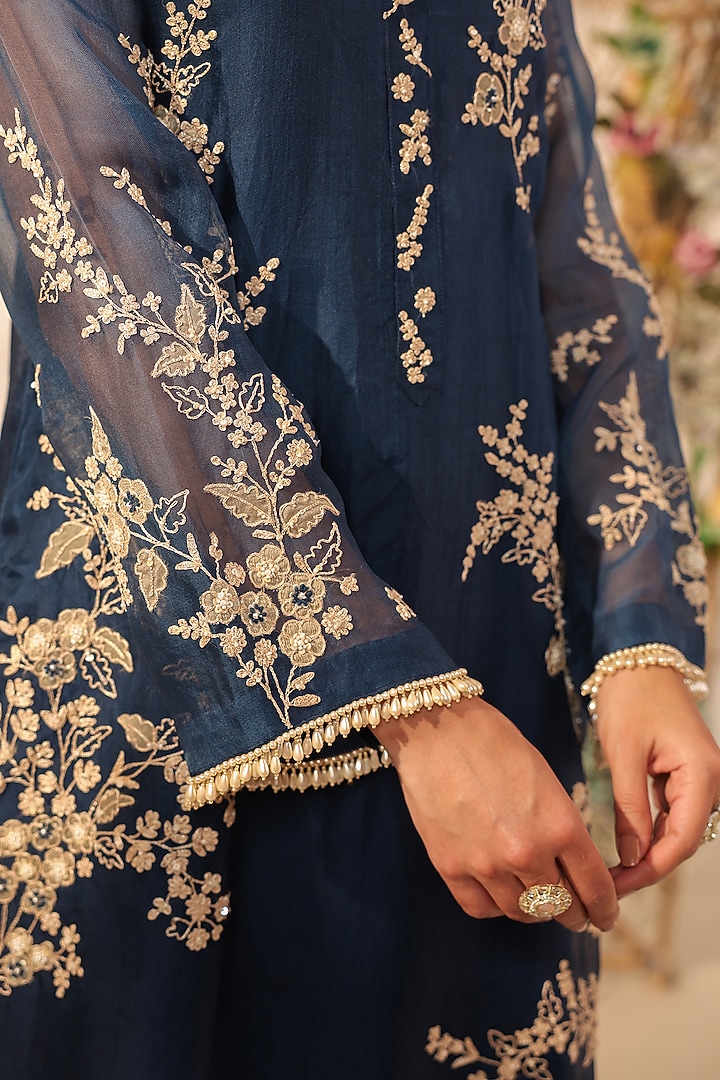 Dark Blue Silk Tencel Resham & Applique Embroidered Kurta Set by Niti Bothra at Pernia's Pop Up Shop