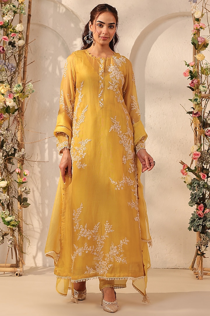Yellow Silk Tencel Resham & Applique Embroidered Kurta Set by Niti Bothra at Pernia's Pop Up Shop