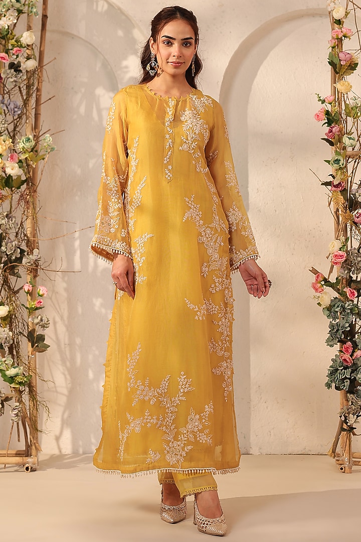 Yellow Silk Tencel Resham & Applique Embroidered Kurta Set by Niti Bothra at Pernia's Pop Up Shop