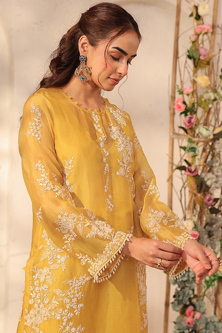 Yellow Silk Tencel Resham & Applique Embroidered Kurta Set by Niti Bothra at Pernia's Pop Up Shop