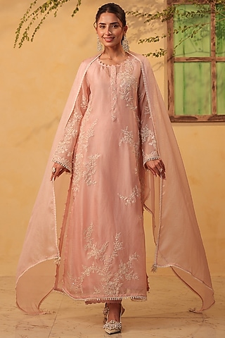 Light Pink Silk Tencel Resham & Applique Embroidered Kurta Set by Niti Bothra