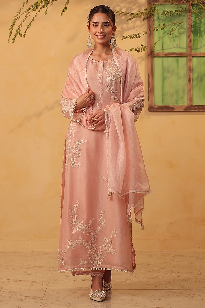 Light Pink Silk Tencel Resham & Applique Embroidered Kurta Set by Niti Bothra at Pernia's Pop Up Shop