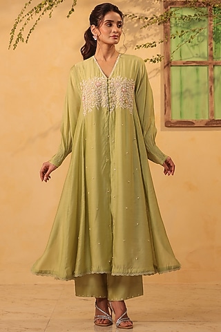 Green Silk Chanderi Applique & Resham Embroidered Jacket-Style Kurta Set by Niti Bothra