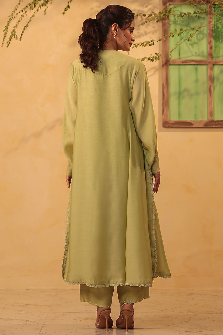 Green Silk Chanderi Applique & Resham Embroidered Jacket-Style Kurta Set by Niti Bothra at Pernia's Pop Up Shop