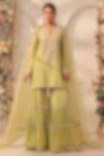 Green Silk Chanderi Resham & Tikki Embroidered Wedding Sharara Set by Niti Bothra at Pernia's Pop Up Shop