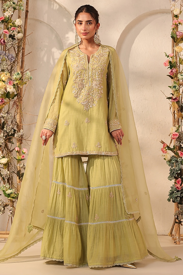 Green Silk Chanderi Resham & Tikki Embroidered Wedding Sharara Set by Niti Bothra at Pernia's Pop Up Shop