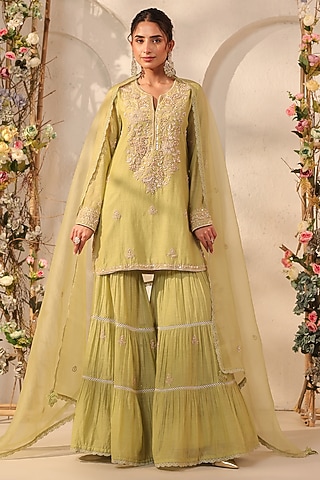 Green Silk Chanderi Resham & Tikki Embroidered Sharara Set by Niti Bothra