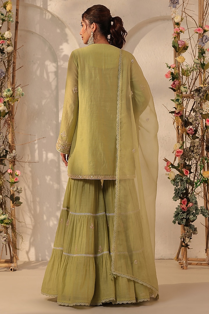 Green Silk Chanderi Resham & Tikki Embroidered Wedding Sharara Set by Niti Bothra at Pernia's Pop Up Shop