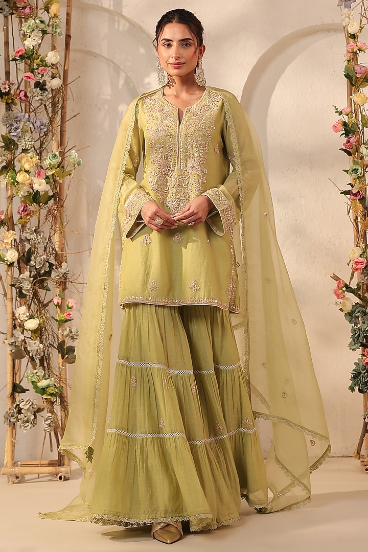 Green Silk Chanderi Resham & Tikki Embroidered Wedding Sharara Set by Niti Bothra at Pernia's Pop Up Shop