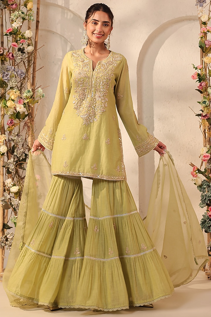 Green Silk Chanderi Resham & Tikki Embroidered Wedding Sharara Set by Niti Bothra at Pernia's Pop Up Shop