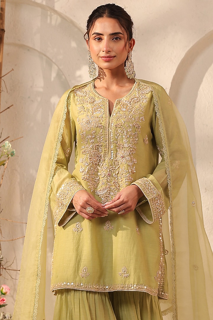 Green Silk Chanderi Resham & Tikki Embroidered Wedding Sharara Set by Niti Bothra at Pernia's Pop Up Shop